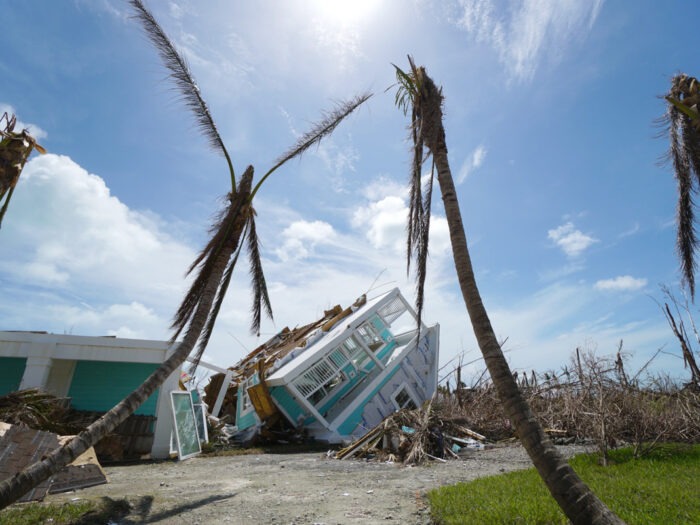 A house turned upside down after a hurricane