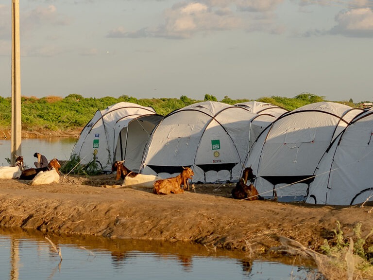 Tents surrounded by floodwater in Pakistan