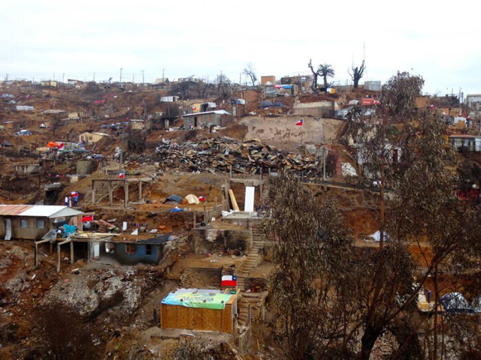 Houses and plants after being damaged by wildfires in Chile