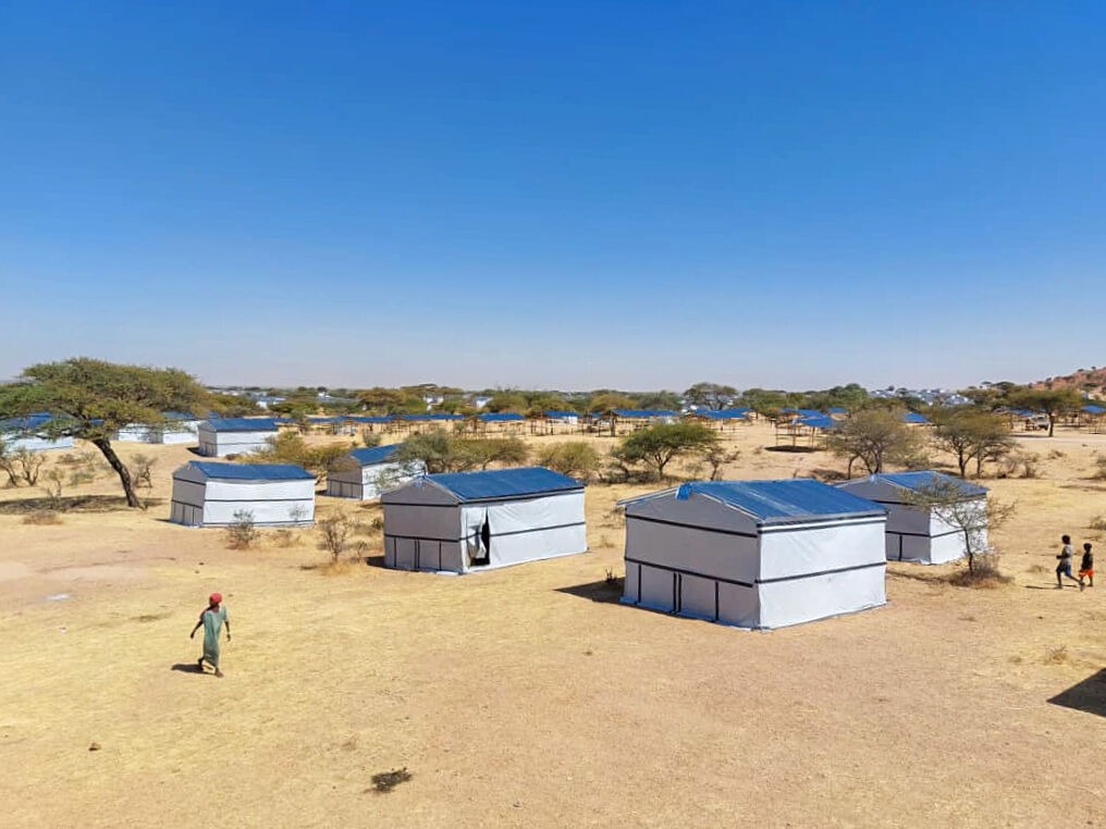 Temporary shelters in a displacement camp in Chad for people who have fled the Sudan war.