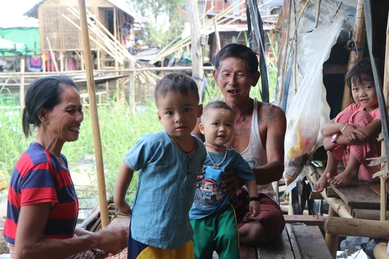 A family in a shelter.